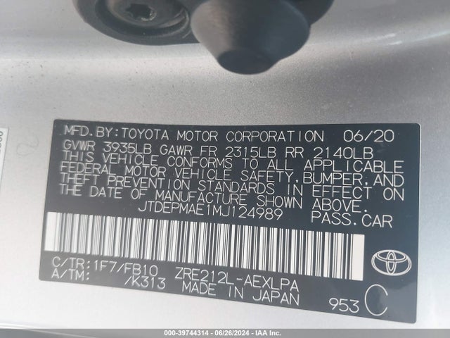 Toyota COROLLA LE 2021 JTDEPMAE1MJ124989 Image 9