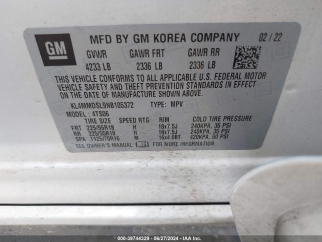 KL4MMDSL9NB105372 Buick Encore Gx Fwd Select