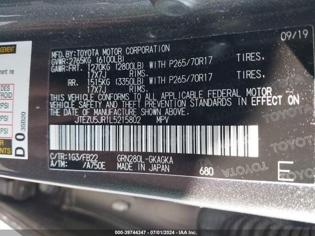Toyota 4RUNNER SR5 2020 JTEZU5JR1L5215802 Image 9