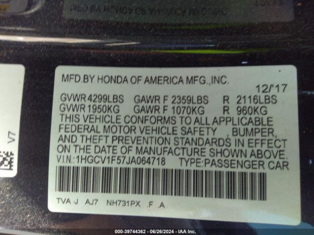 1HGCV1F57JA064718 Honda Accord Ex-l