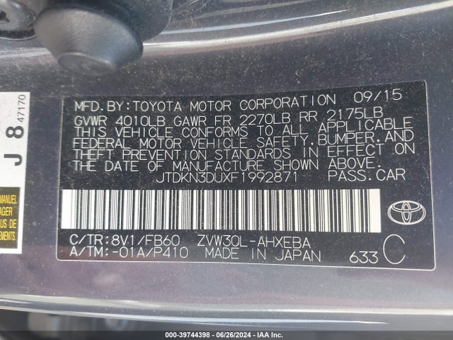 Toyota Prius Two 2015 JTDKN3DUXF1992871 Image 9