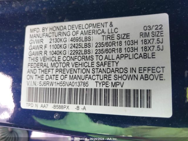 5J6RW1H55NA013785 Honda Cr-v 2wd Ex