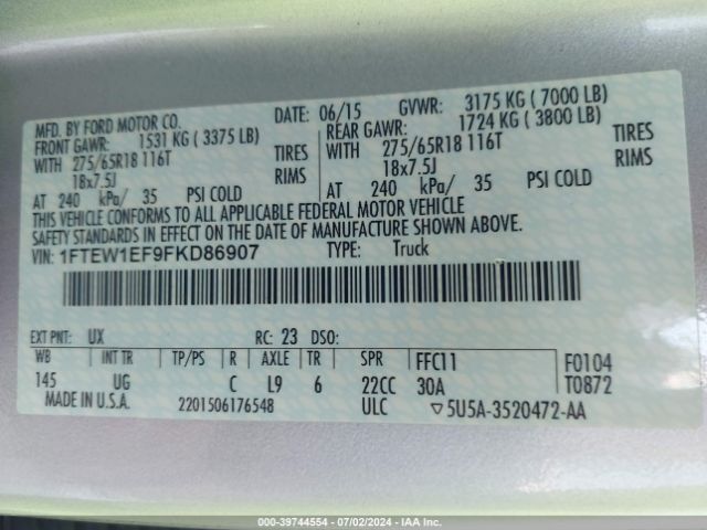 1FTEW1EF9FKD86907 Ford F-150 Xlt