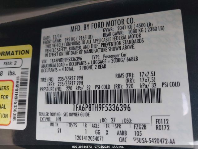 1FA6P8TH9F5336396 Ford Mustang Ecoboost