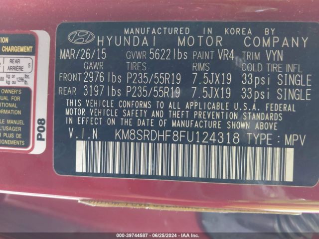 KM8SRDHF8FU124318 Hyundai Santa Fe Gls