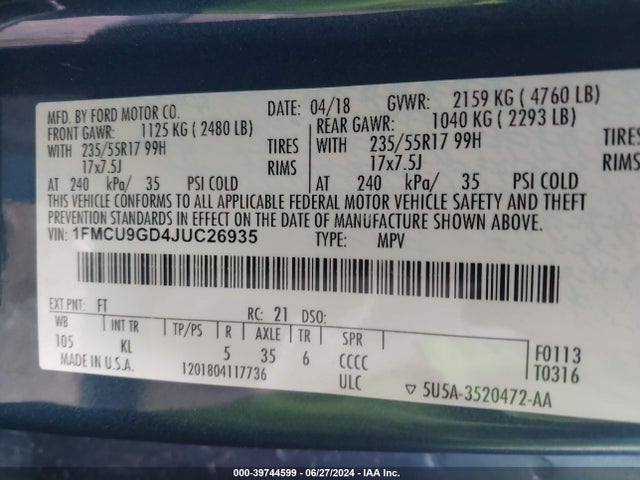 Ford ESCAPE SE 2018 1FMCU9GD4JUC26935 Image 9