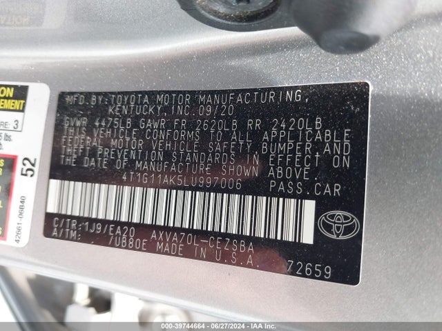 Toyota CAMRY SE 2020 4T1G11AK5LU997006 Image 9