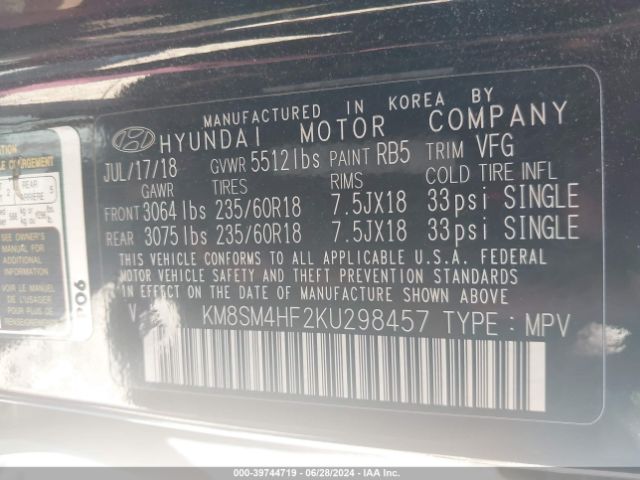 KM8SM4HF2KU298457 Hyundai Santa Fe Xl Se