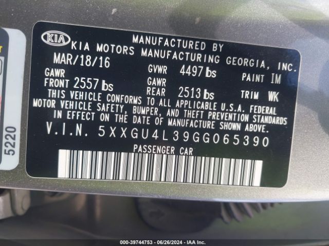 5XXGU4L39GG065390 KIA OPTIMA EX