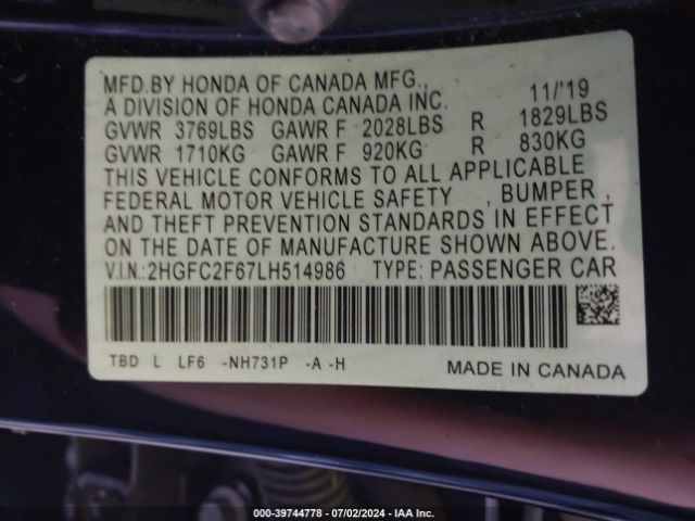 2HGFC2F67LH514986 Honda Civic Lx