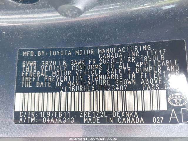 Toyota COROLLA LE 2018 2T1BURHEXJC023407 Image 9