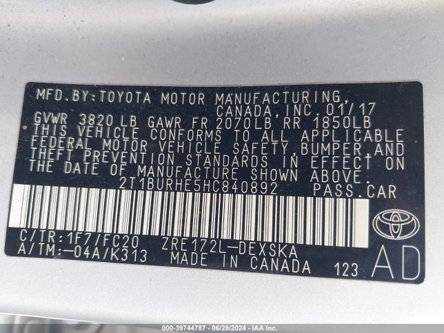 Toyota COROLLA SE 2017 2T1BURHE5HC840892 Image 9