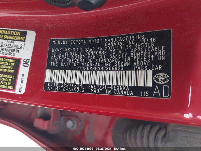 Toyota COROLLA LE 2017 2T1BURHE3HC806823 Image 9