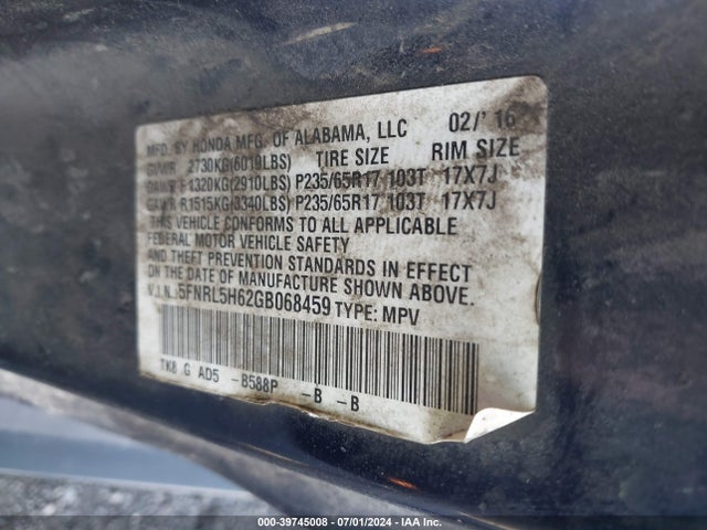 Honda Odyssey Ex-l 2016 5FNRL5H62GB068459 Image 9
