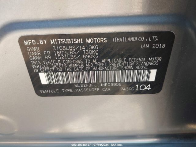 ML32F3FJ1JHF09905 Mitsubishi Mirage G4 Es