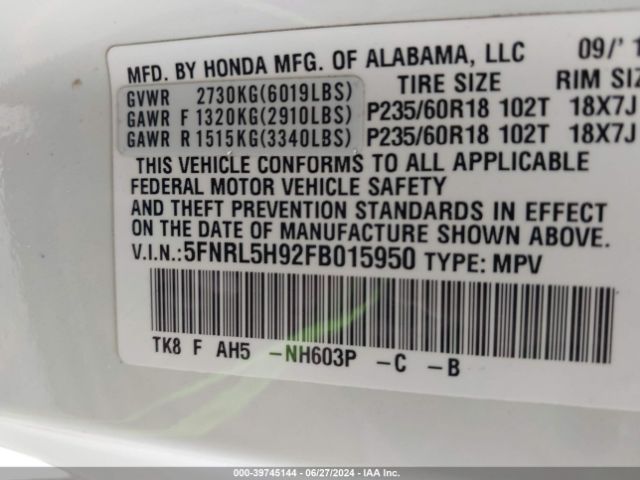 5FNRL5H92FB015950 Honda Odyssey Touring/touring Elite