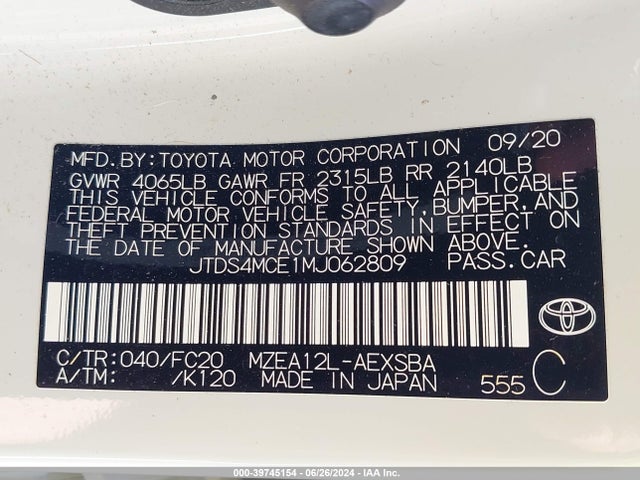 Toyota COROLLA SE 2021 JTDS4MCE1MJ062809 Image 9