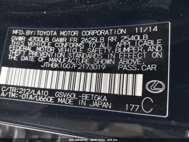 JTHBK1GG7F2173019 Lexus ES 350