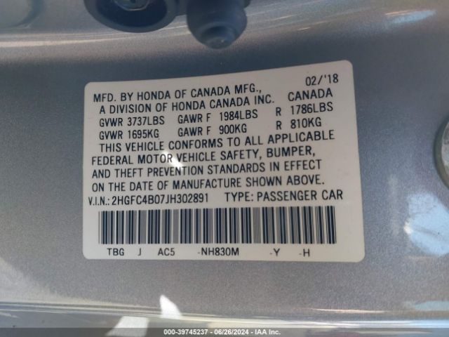 2HGFC4B07JH302891 Honda Civic Lx-p