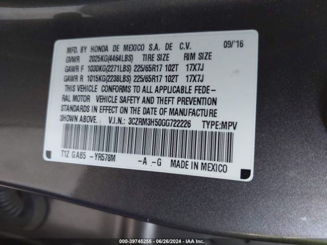 3CZRM3H50GG722226 Honda CR-V EX