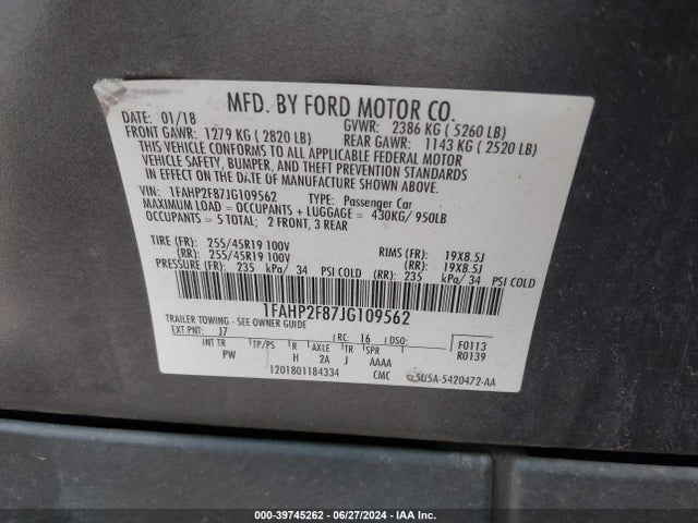 Ford Taurus Limited 2018 1FAHP2F87JG109562 Image 9