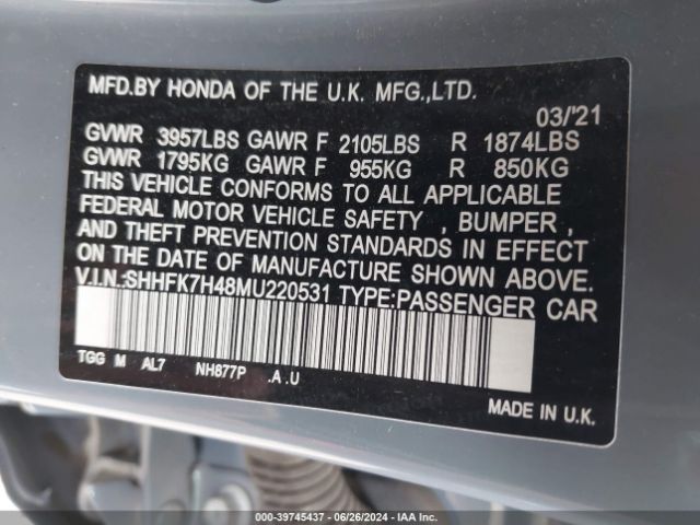 SHHFK7H48MU220531 Honda Civic Sport