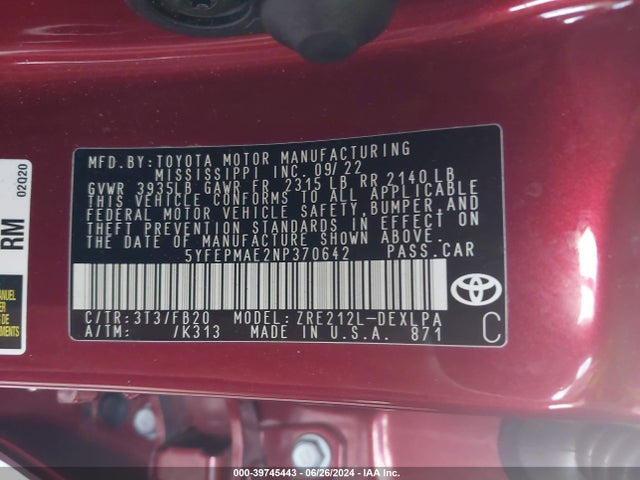 Toyota COROLLA LE 2022 5YFEPMAE2NP370642 Image 9