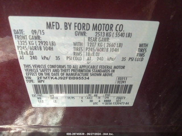 Ford EDGE SEL 2015 2FMTK4J92FBB95534 Image 9