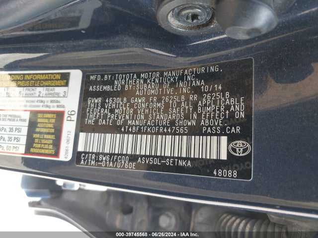 Toyota CAMRY LE 2015 4T4BF1FK0FR447565 Image 9
