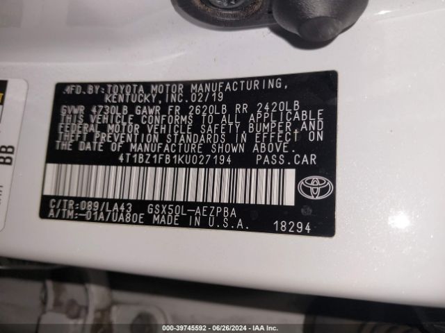 4T1BZ1FB1KU027194 Toyota AVALON LIMITED