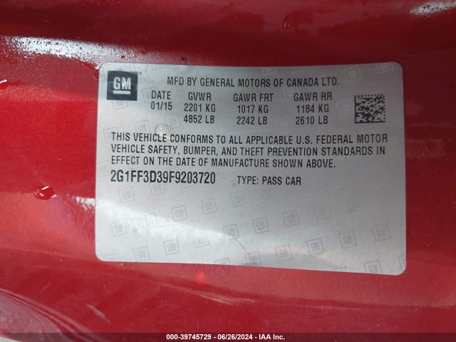 Chevrolet Camaro 2lt 2015 2G1FF3D39F9203720 Image 9