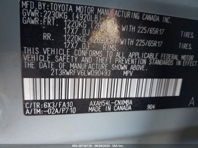2T3RWRFV6LW090493 Toyota Rav4 Hybrid Xle