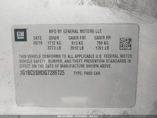 1G1BC5SM3G7286725 Chevrolet Cruze Ls Auto