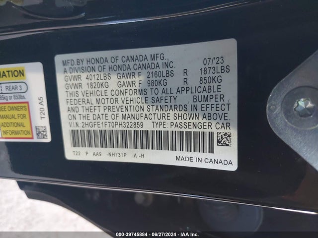 Honda Civic Ex /ex W/o Bsi 2023 2HGFE1F70PH322859 Image 9