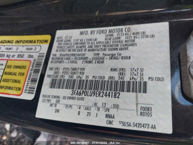 3FA6P0LU9ER244182 Ford Fusion Hybrid Se