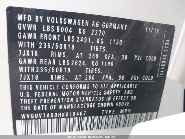 WVGUV7AX0HK015407 Volkswagen Tiguan 2.0t Sport