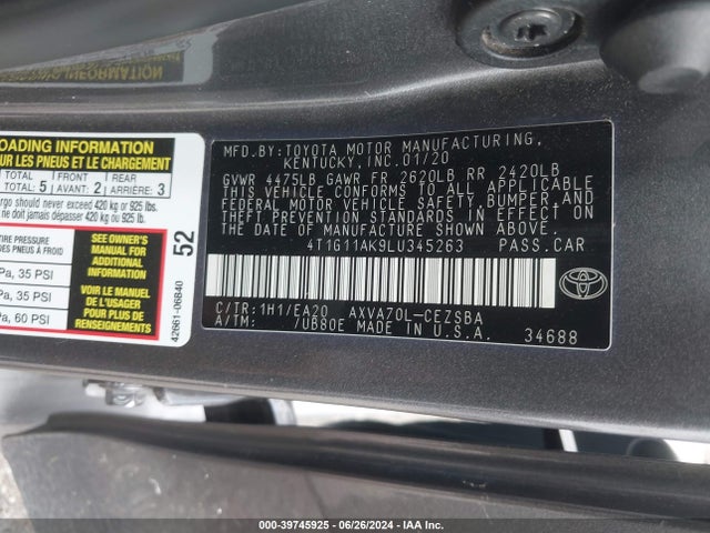 Toyota CAMRY SE 2020 4T1G11AK9LU345263 Image 9