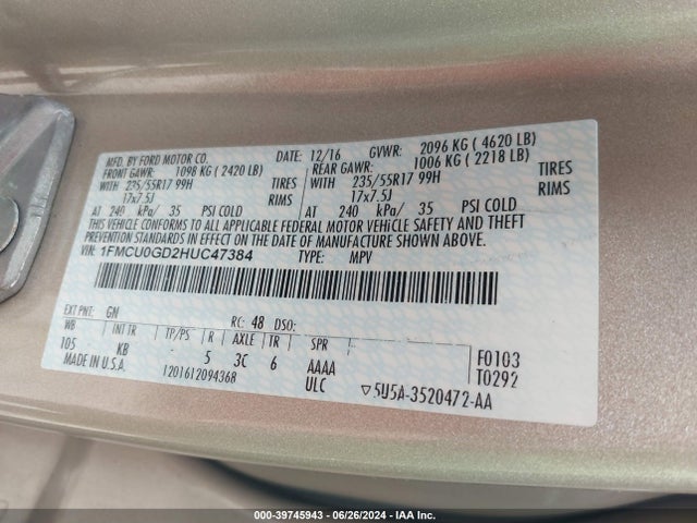Ford ESCAPE SE 2017 1FMCU0GD2HUC47384 Image 9