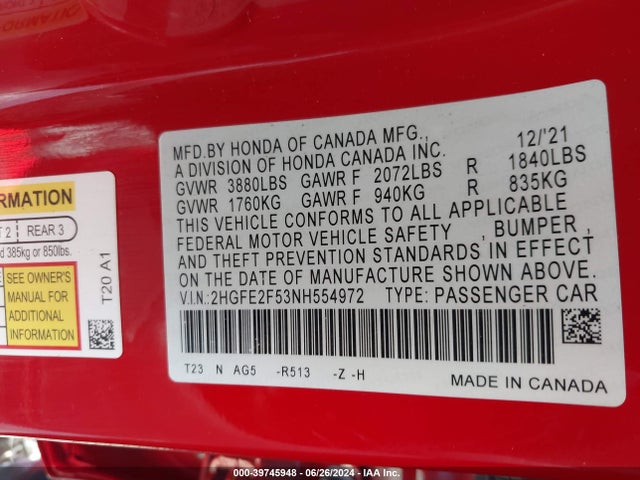 Honda Civic Sport 2022 2HGFE2F53NH554972 Image 9