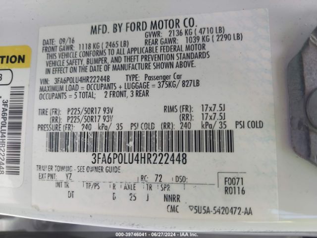 3FA6P0LU4HR222448 Ford Fusion Hybrid Se