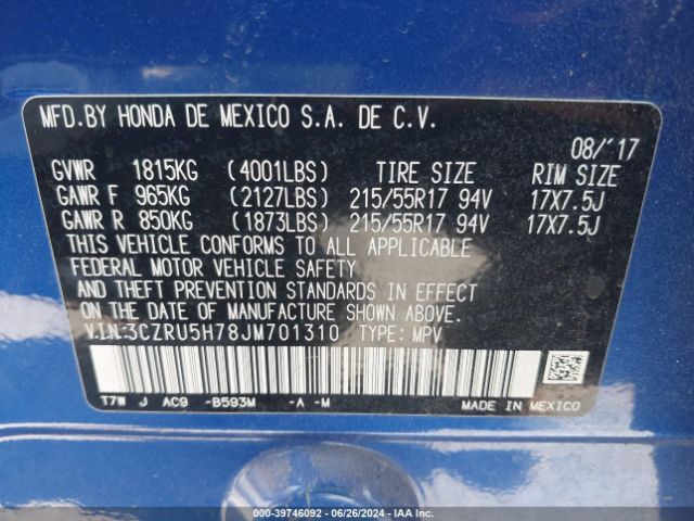 3CZRU5H78JM701310 Honda Hr-v Ex-l