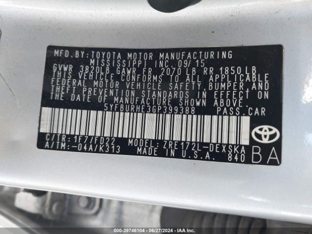 5YFBURHE3GP399388 Toyota Corolla S