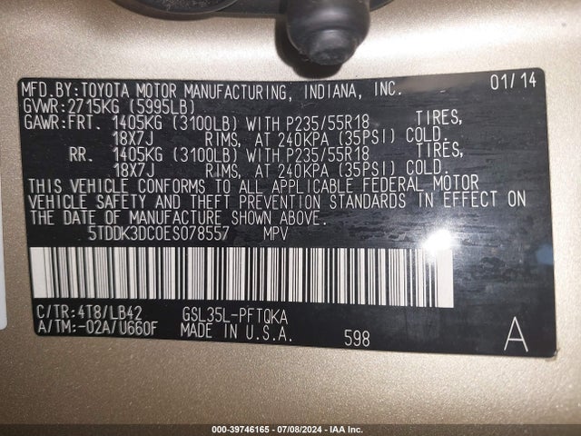 Toyota Sienna Xle 7 Passenger 2014 5TDDK3DC0ES078557 Image 9