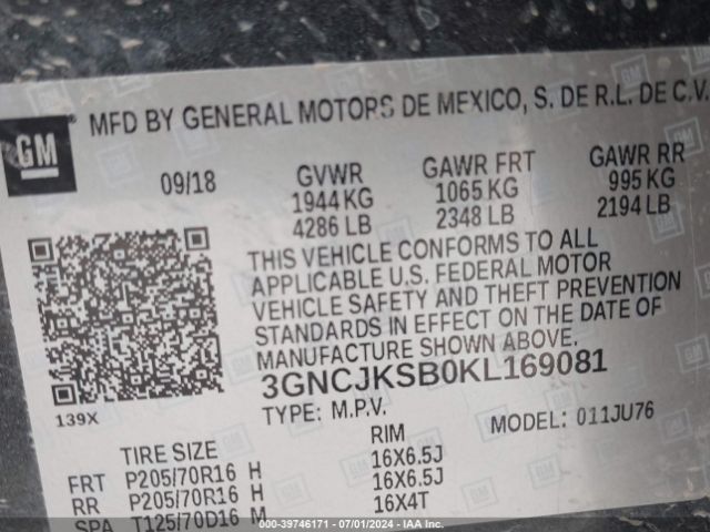 3GNCJKSB0KL169081 Chevrolet TRAX LS