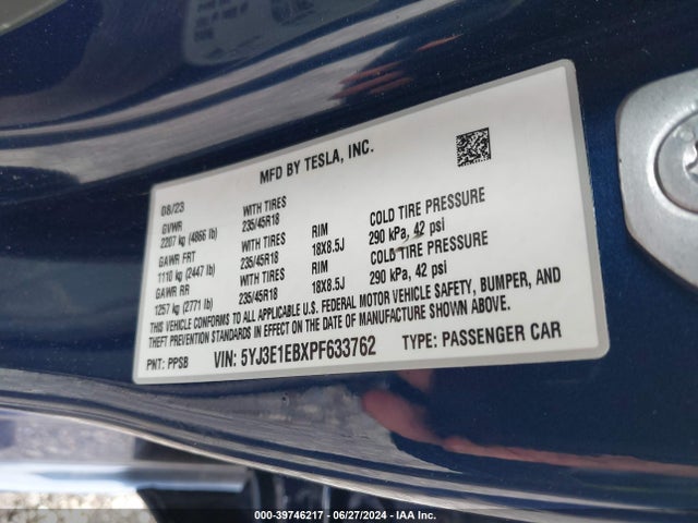 Tesla Model 3 Long Range Dual Motor All-wheel Drive 2023 5YJ3E1EBXPF633762 Image 9