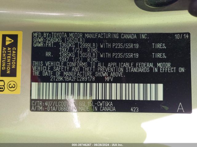 2T2BK1BA2FC289178 Lexus RX 350