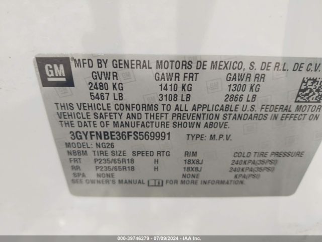 3GYFNBE36FS569991 Cadillac Srx Luxury Collection