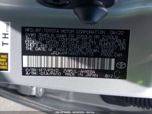 JTDKAMFU6N3179173 Toyota Prius Le