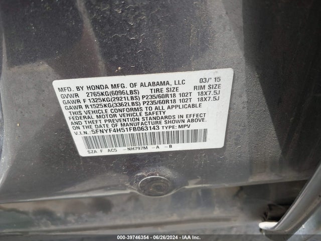 Honda Pilot Ex-l 2015 5FNYF4H51FB063143 Image 9