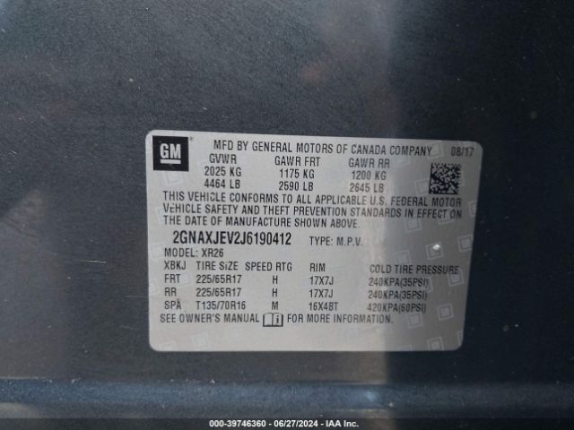2GNAXJEV2J6190412 Chevrolet EQUINOX LT